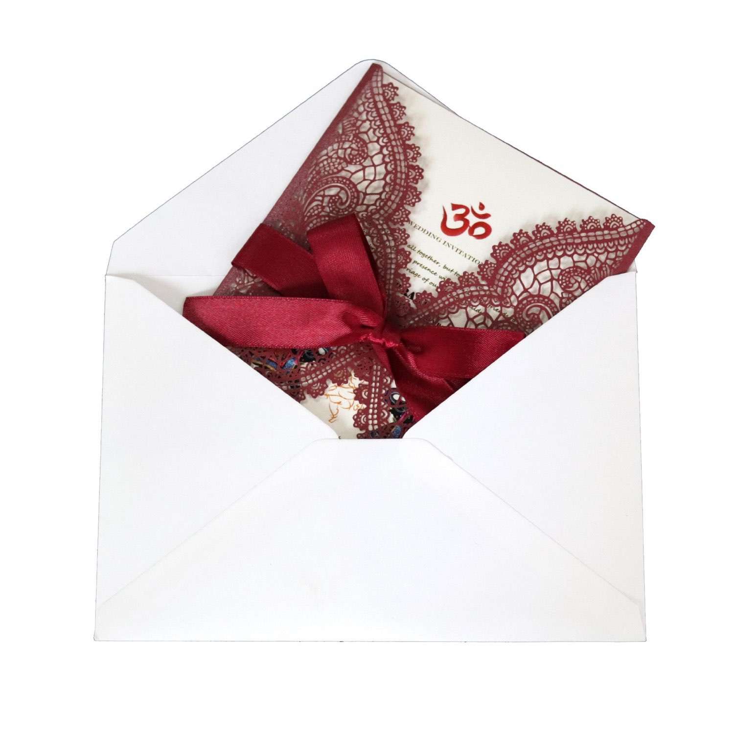 Wine Red Invitation Laser Wedding Invitation Card With Ribbon Bow